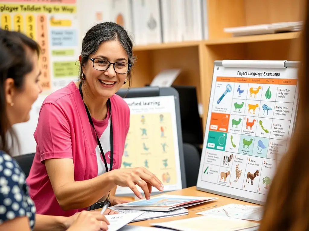 An adult participating in a language development program with visual aids.