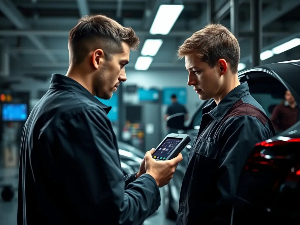A mechanic using a diagnostic tool on a car in a modern garage.