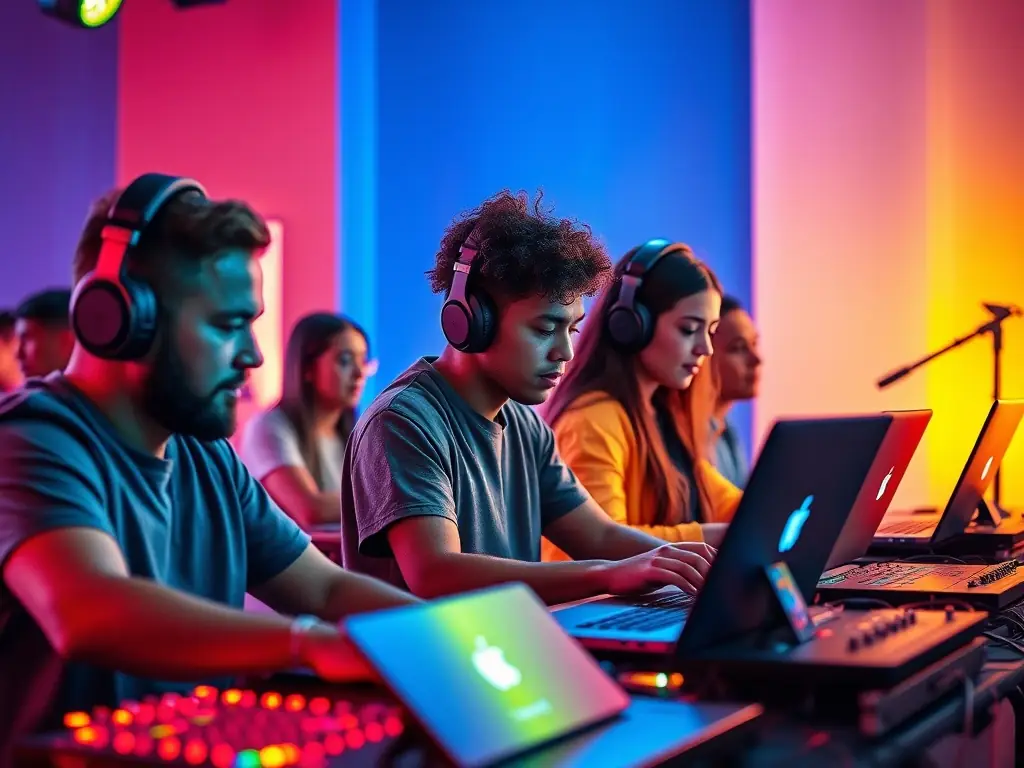 A group of participants engaged in a music production workshop with laptops and headphones.