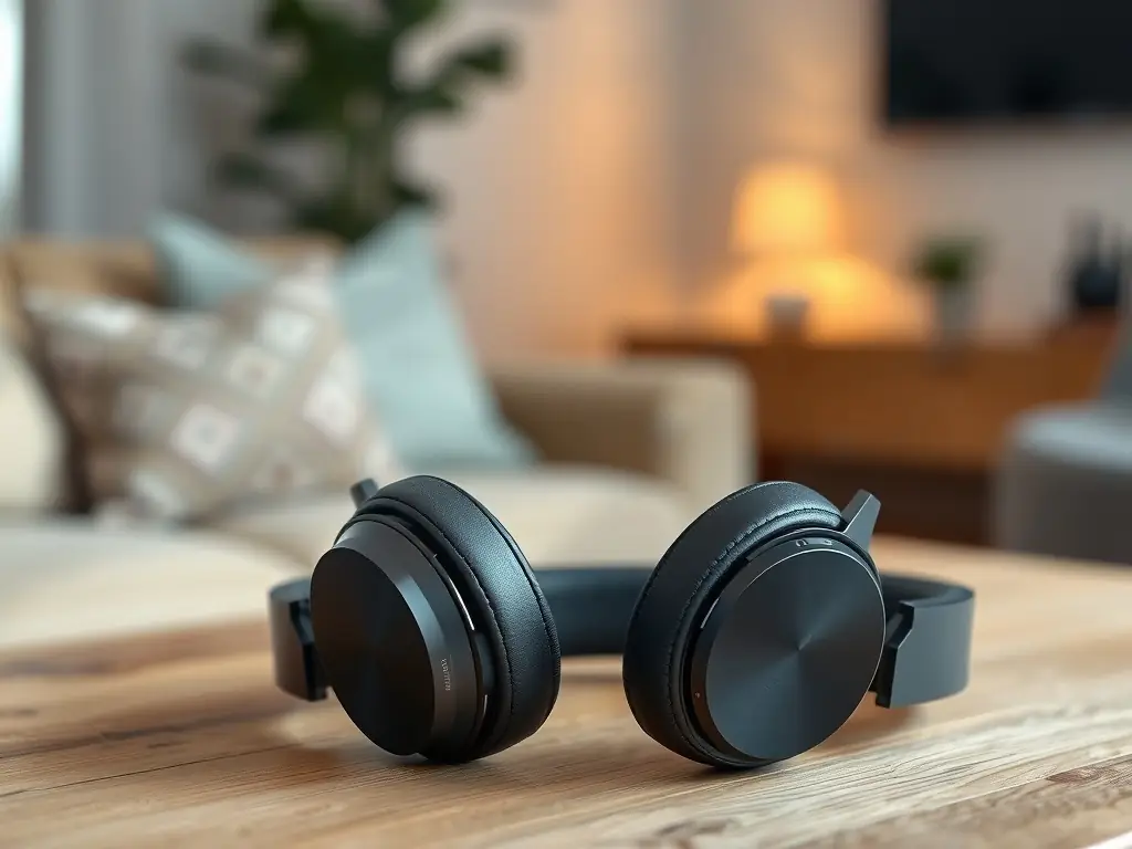 Sleek black over-ear wireless headphones on a wooden table.