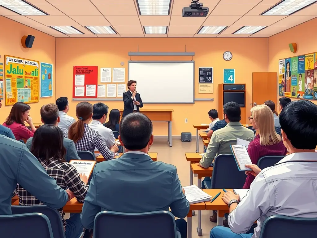 A classroom setting with participants engaging in a public speaking workshop.