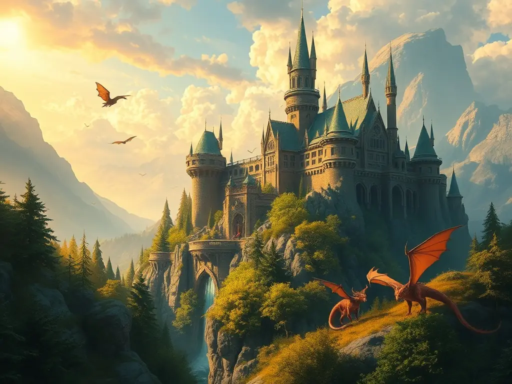 Fantasy landscape with a castle and mythical creatures, illustrating concept art.