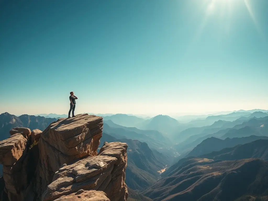 A person standing at the edge of a cliff, looking out over a vast landscape, symbolizing courage.
